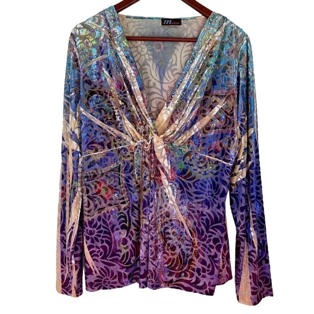 Vintage M by Amour Colorful Boho Tattoo Print Embellished Vneck Blouse Womens XL